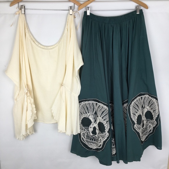 Unbranded Dresses & Skirts - Emerald Green Maxi Skirt Skull Lace Appliqué Cream Gauze Peasant Top Rockabilly